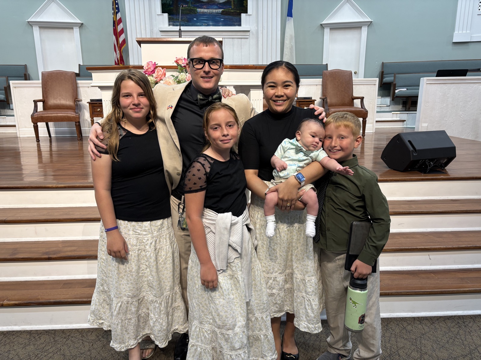 The Schneide family — Collin, Riva, Lillyan, Hannah, Mark, and Jabez — at Smyrna Baptist Church