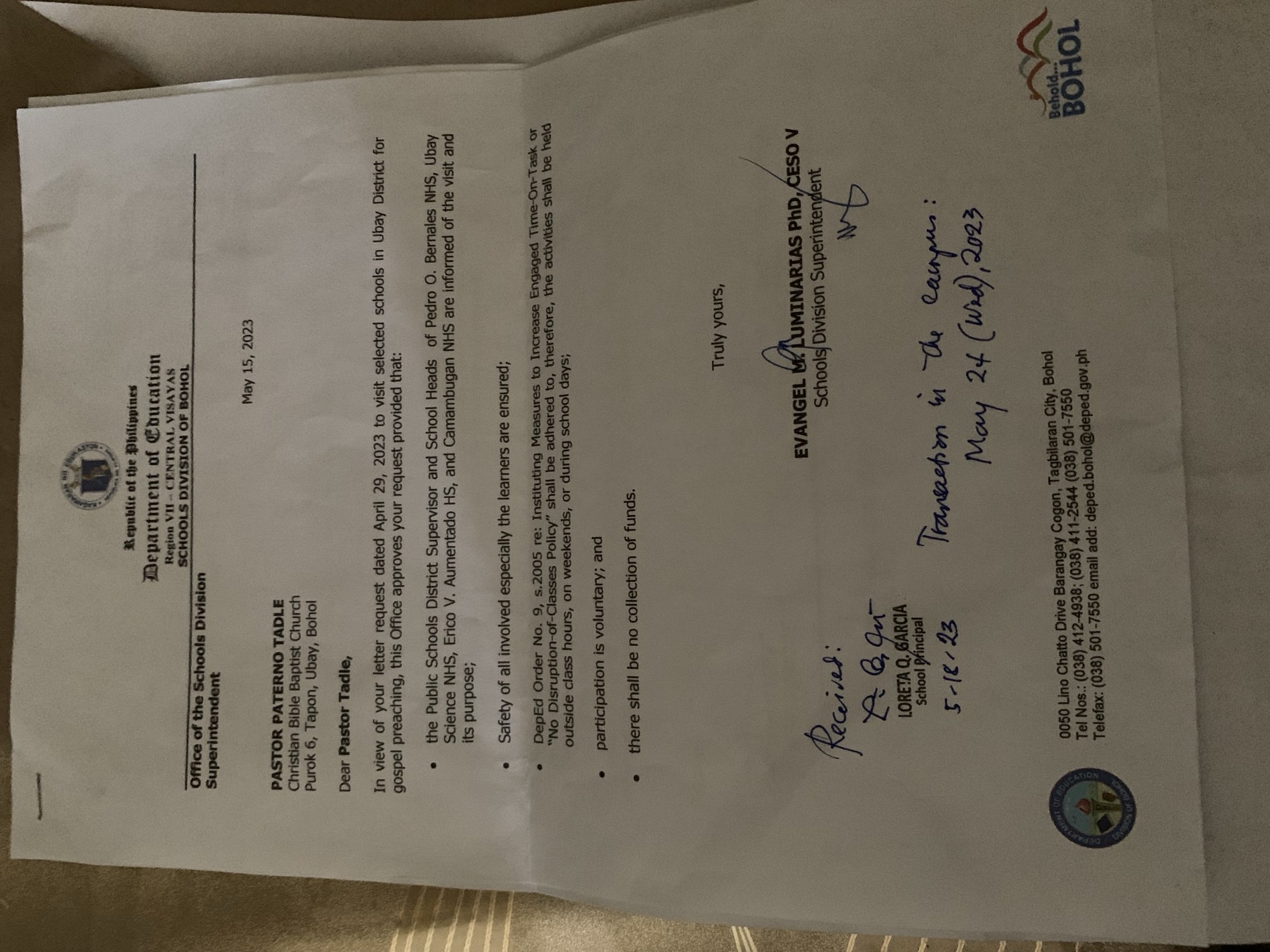 Signed Department of Education endorsement to Pastor Paterno Tadle of Christian Bible Baptist Church, Ubay, approving gospel visits at four Ubay high schools