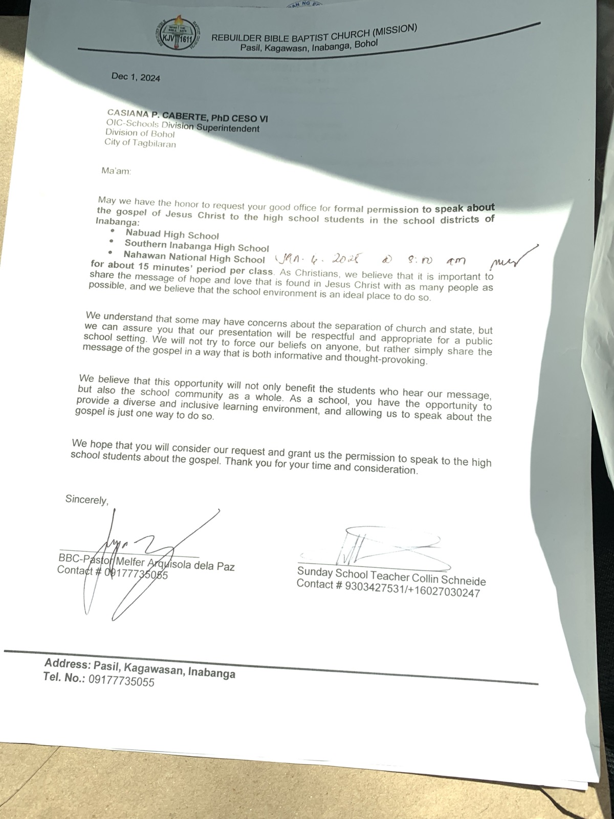 Rebuilder Bible Baptist Church Mission school request letter for Nabuad, Southern Inabanga, and Nahawan National High Schools