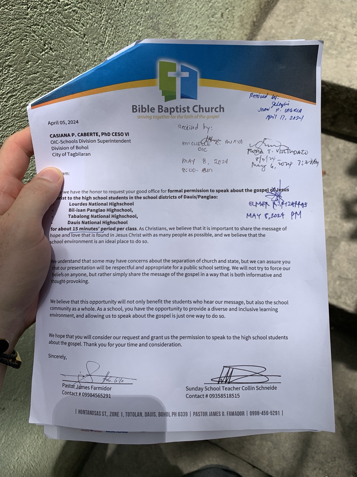 Bible Baptist Church Dauis school request letter for Lourdes, Bil-isan Panglao, Tabalong, and Dauis National High Schools — signed and received by school officials
