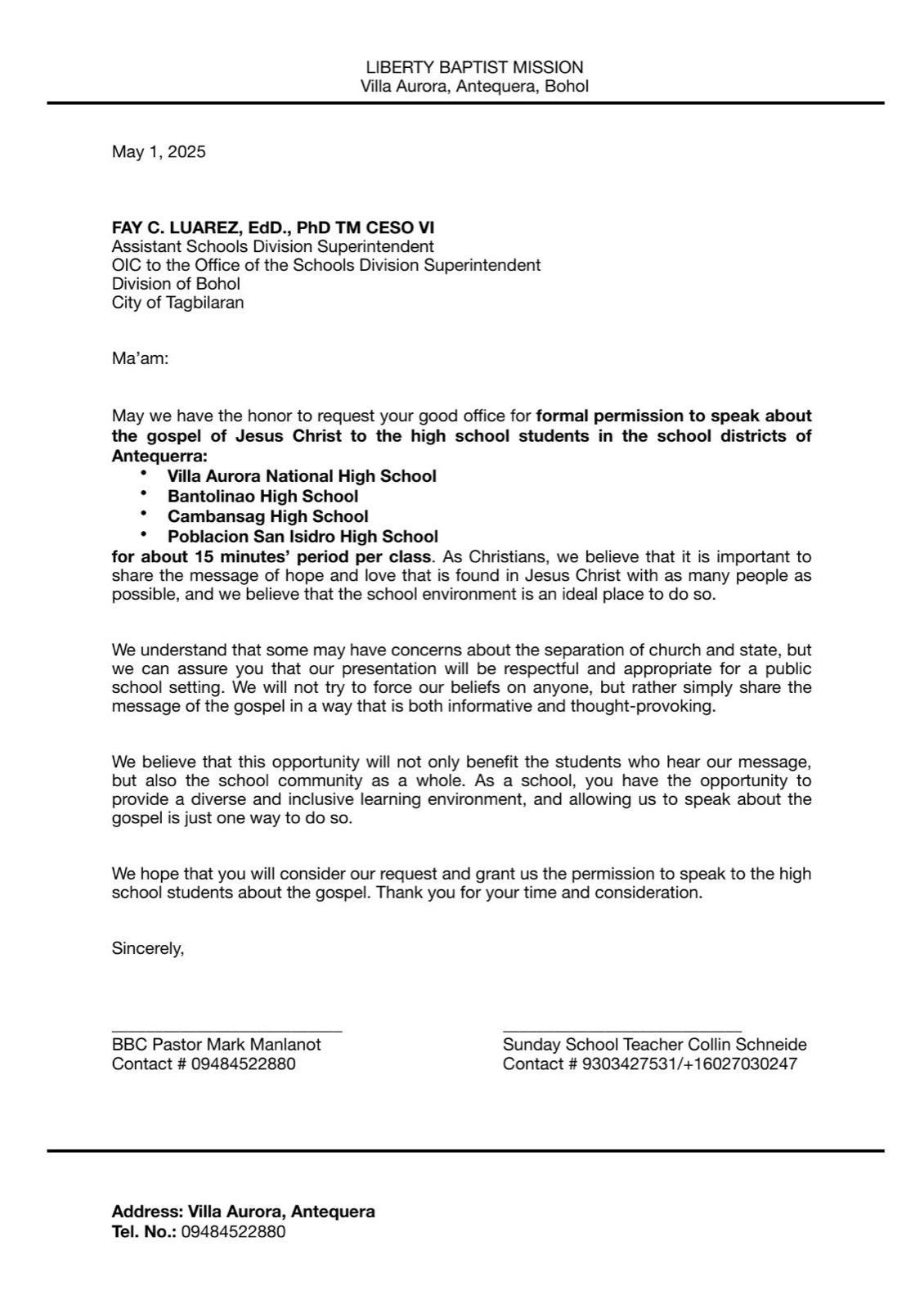 School request letter for the district of Antequera, Bohol — co-signed by Pastor Mark Manlanot and Collin Schneide for four schools