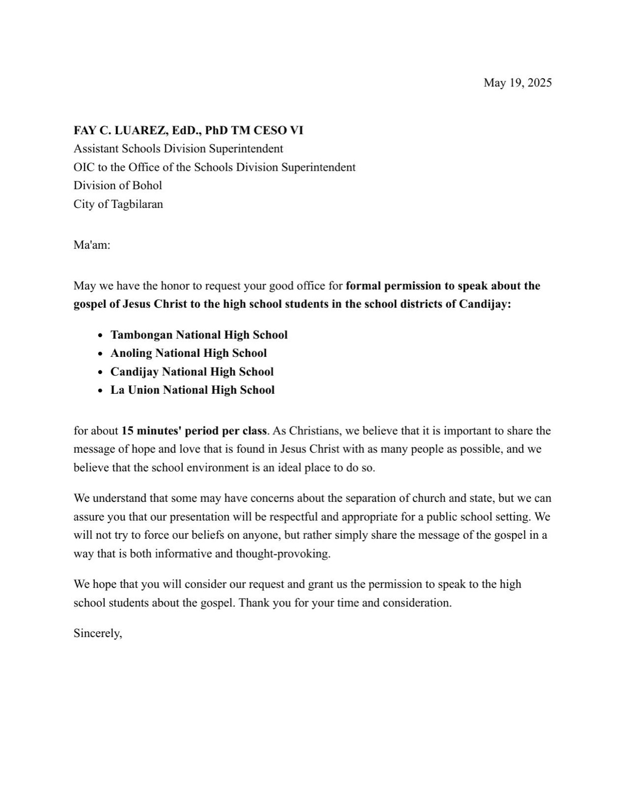 School request letter for the district of Candijay, Bohol — co-signed by Pastor Wilson Maglangit and Collin Schneide for four schools